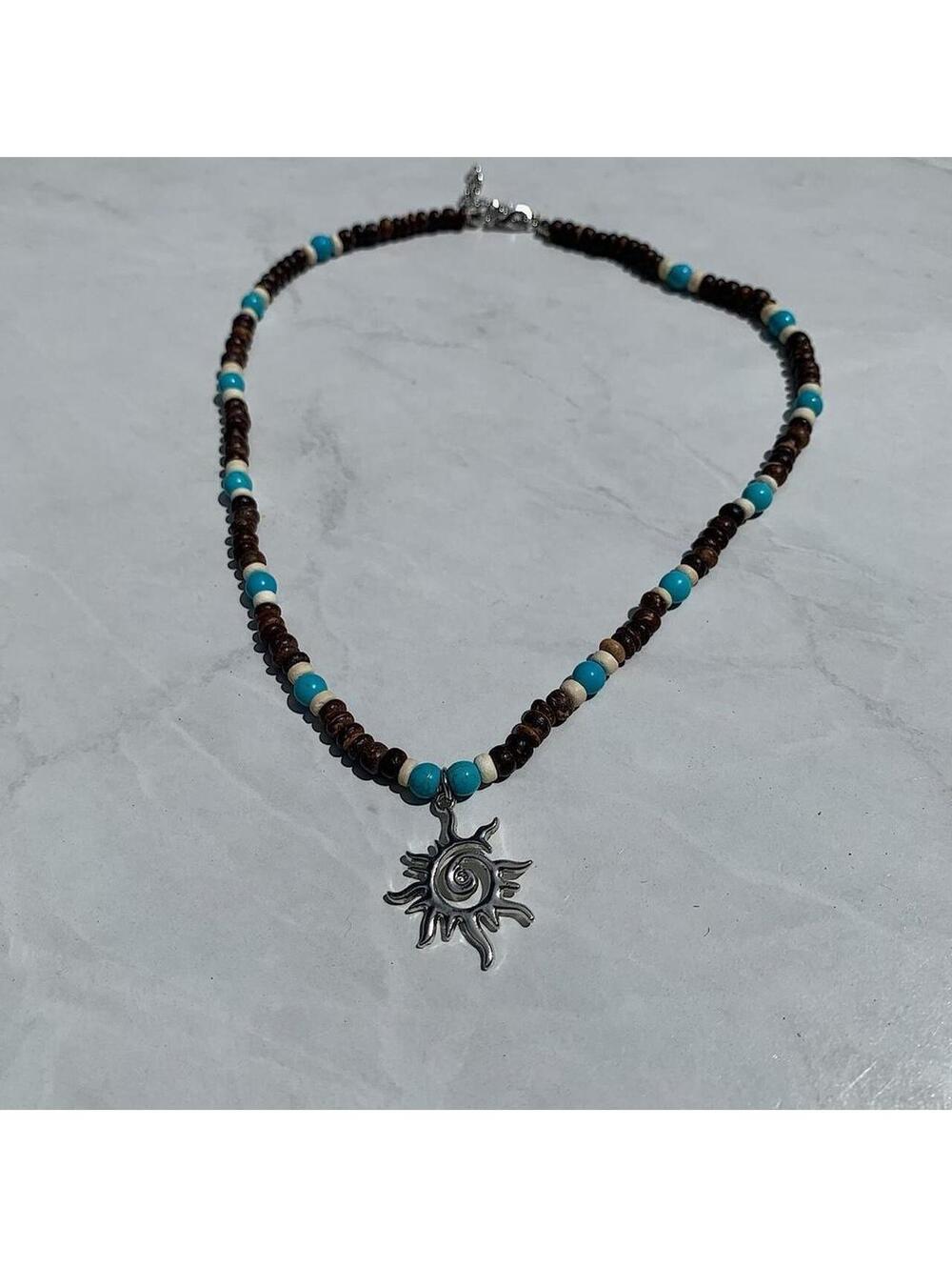Y2k 2000s style Wood Beaded dark brown and blue mixed wood Necklace with Cyber - Picture 8 of 8